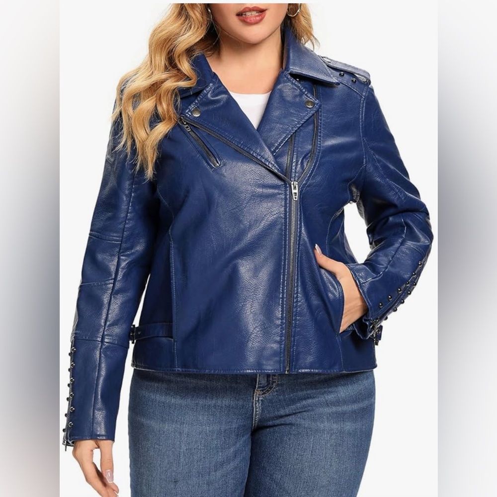 S P Y M Women’s Faux Leather Jacket, Double Zip Up, Moto Biker, Rivets- XL- Navy
